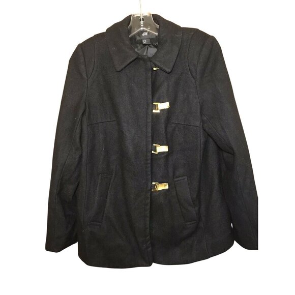 H&M Women's Size Medium Coat Toggle Closure Wool Blend Black Preowned - Picture 1 of 12